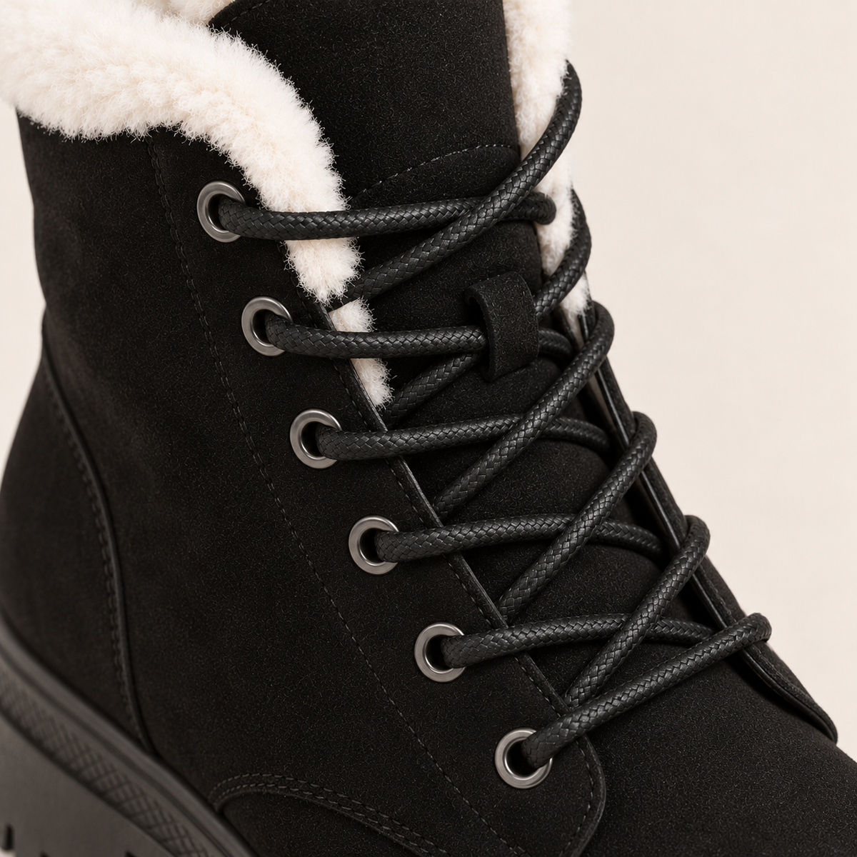 Women's Faux Fur Lined Lace Up Ankle Boots with Lug Sole in Black, close up