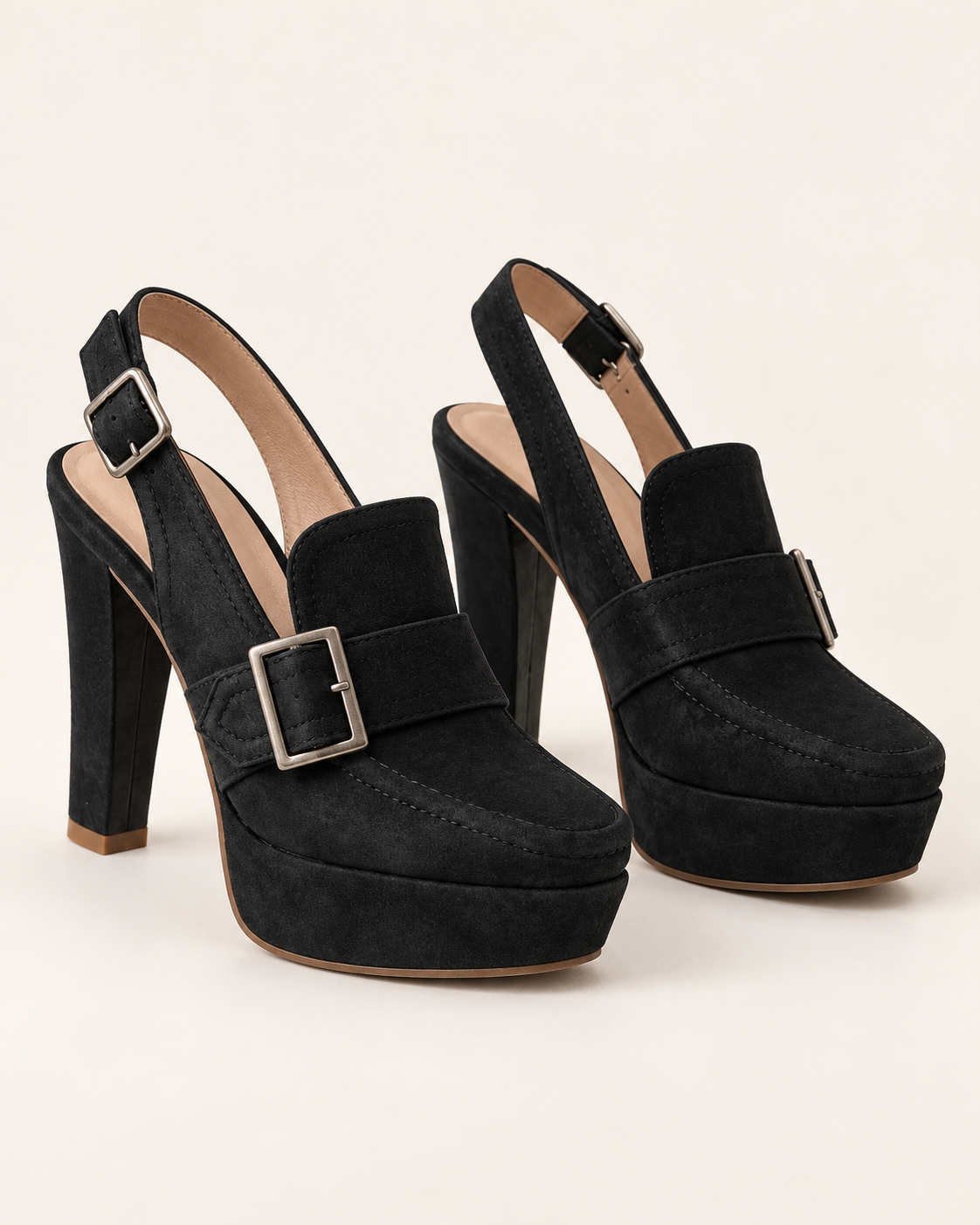 Women's Faux Suede Buckle Slingback Platform Heels in Black