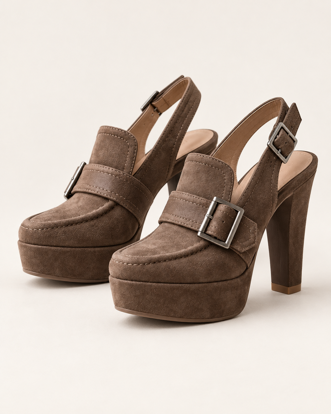 Women's Faux Suede Buckle Slingback Platform Heels in Taupe
