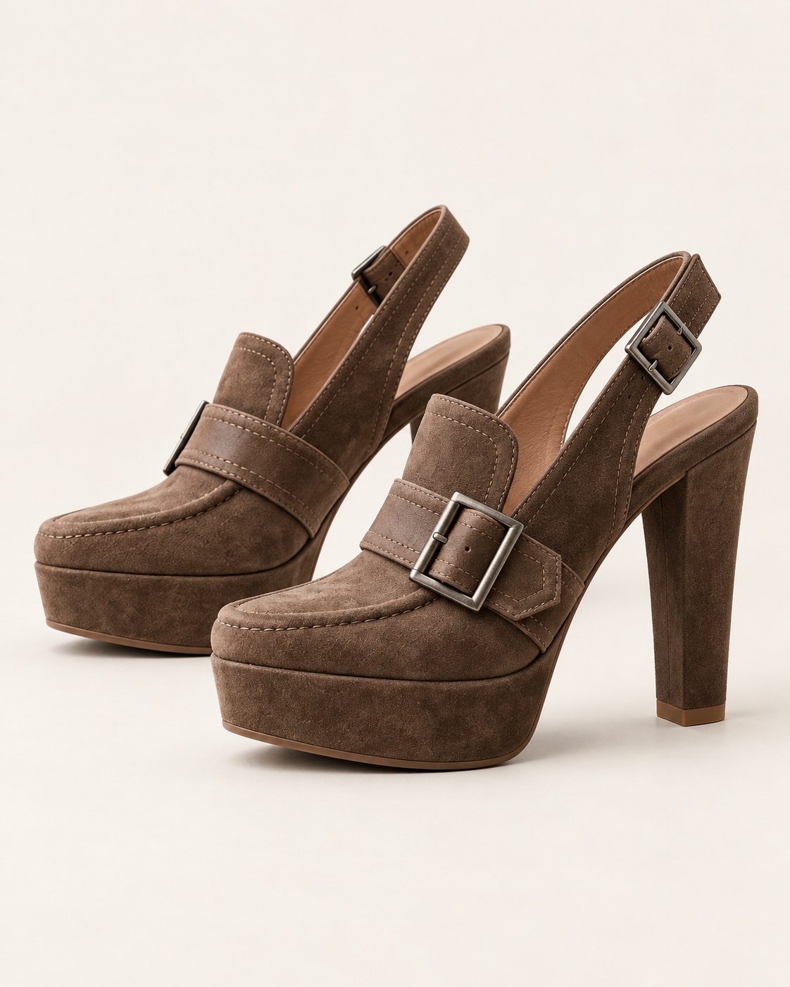 Women's Faux Suede Buckle Slingback Platform Heels in Taupe