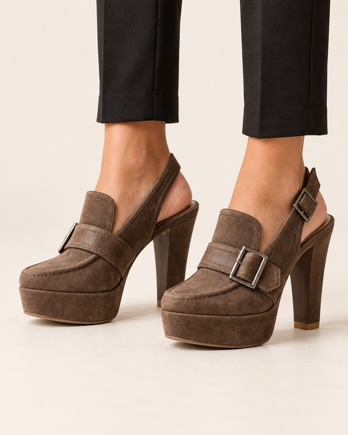 Women's Faux Suede Buckle Slingback Platform Heels in Taupe