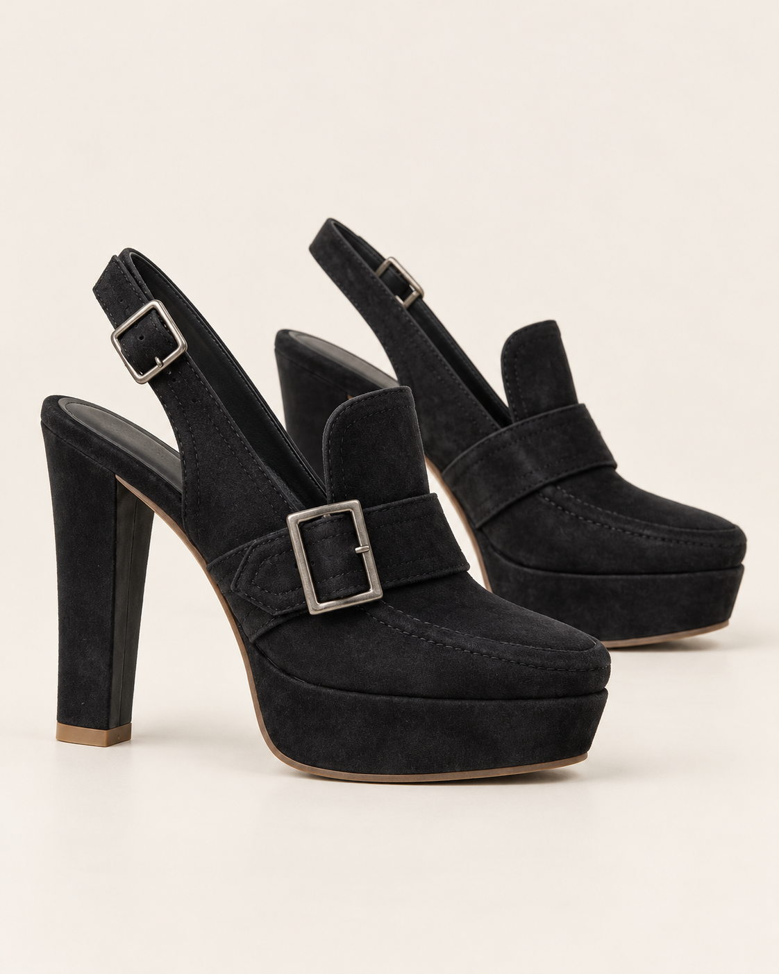 Women's Faux Suede Buckle Slingback Platform Heels in Black