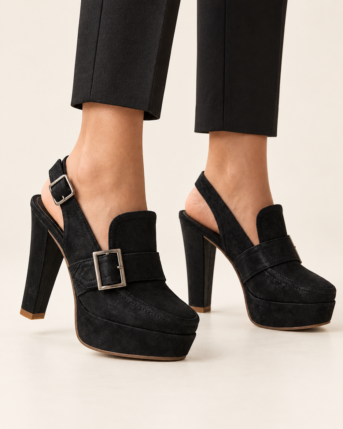 Women's Faux Suede Buckle Slingback Platform Heels in Black