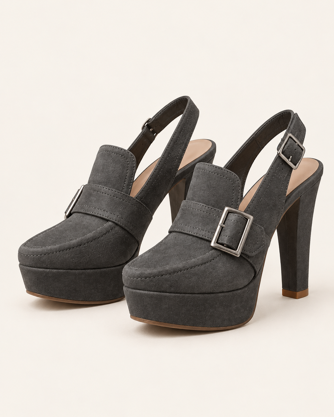 Women's Faux Suede Buckle Slingback Platform Heels in Grey