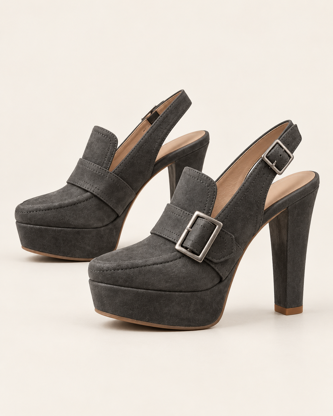 Women's Faux Suede Buckle Slingback Platform Heels in Grey