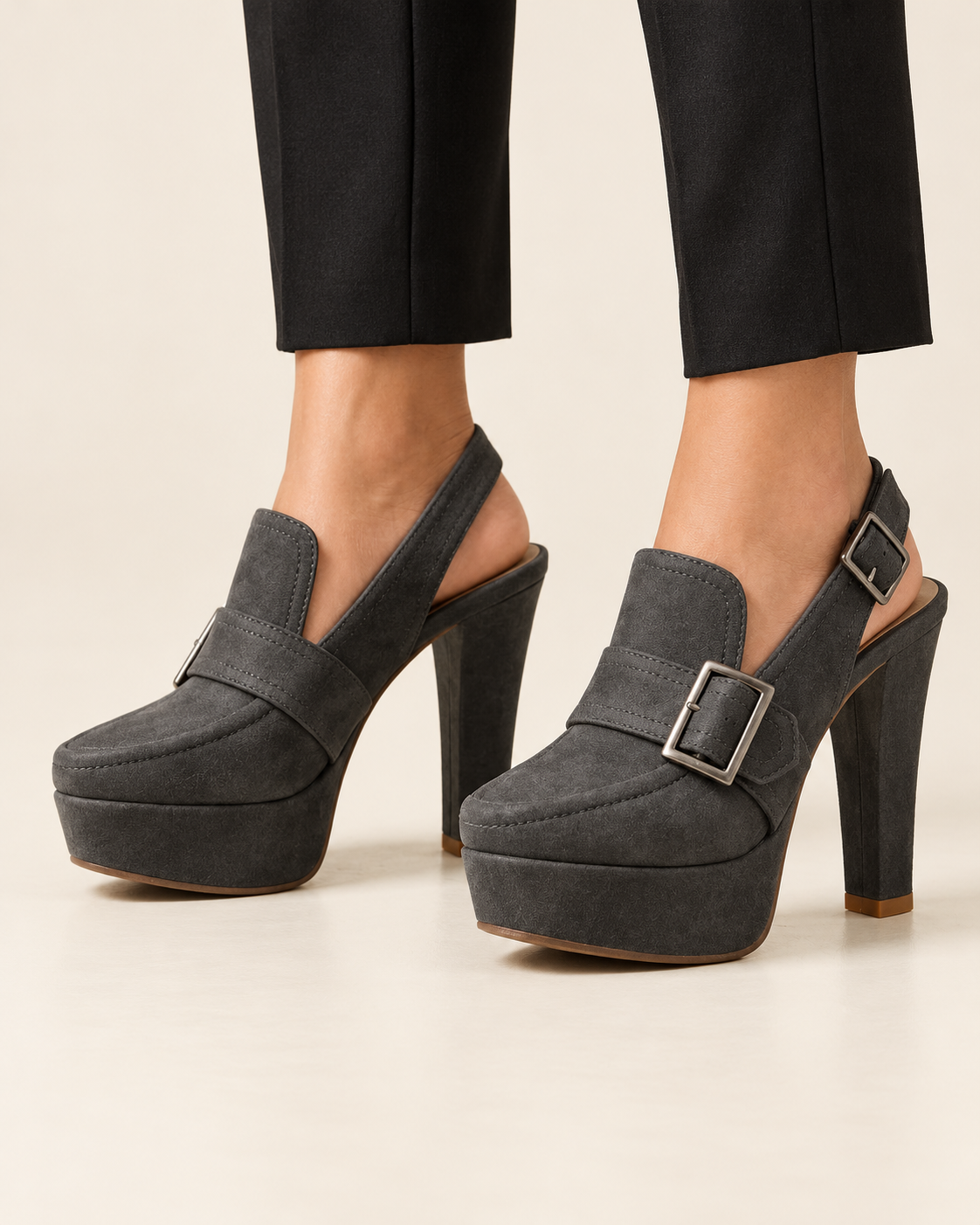 Women's Faux Suede Buckle Slingback Platform Heels in Grey