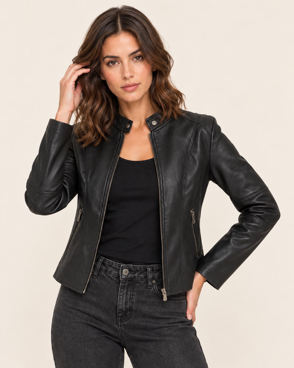Women's Cropped Faux Leather Biker Jacket with Snap Collar in Black