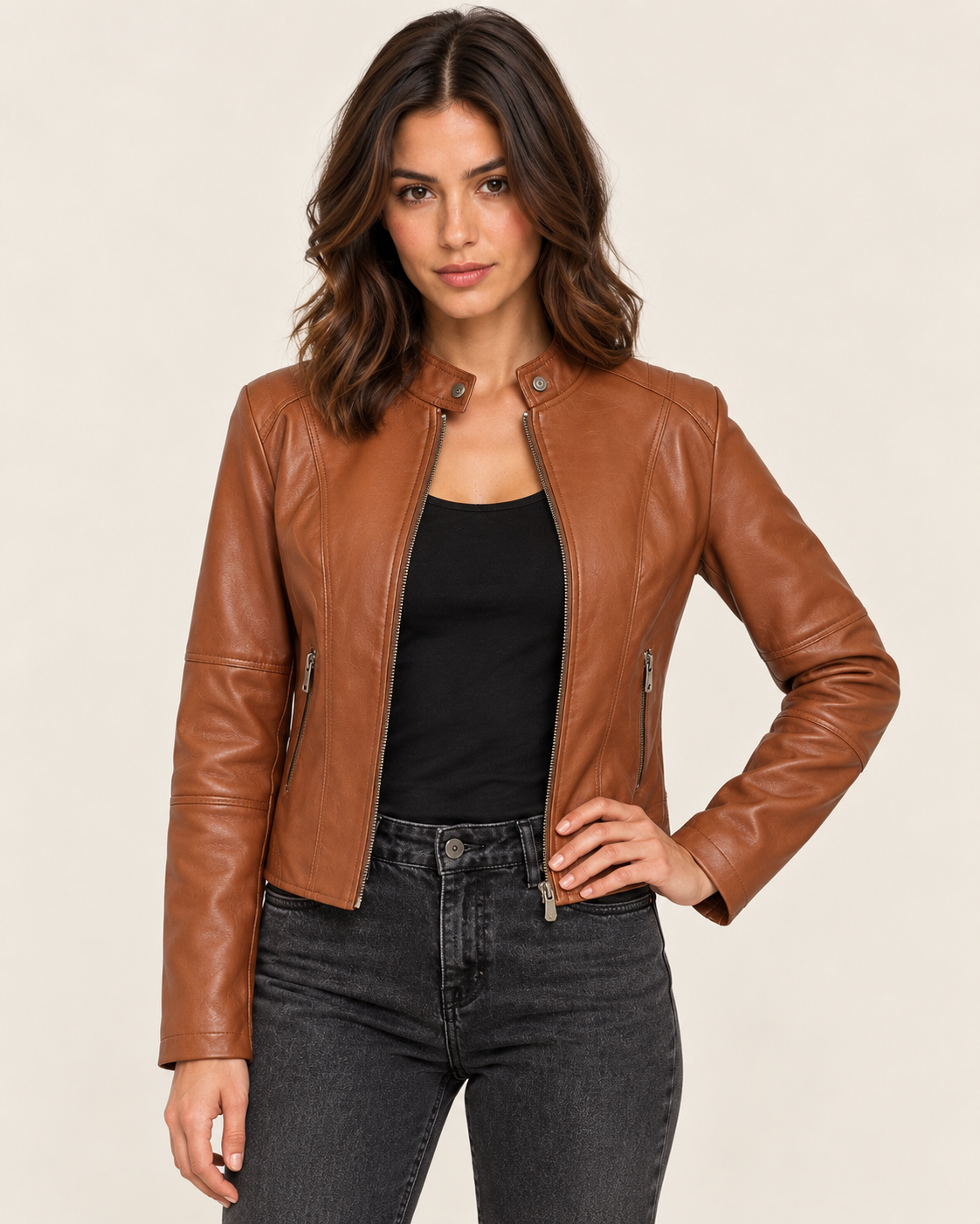 Women's Cropped Faux Leather Biker Jacket with Snap Collar in Brown