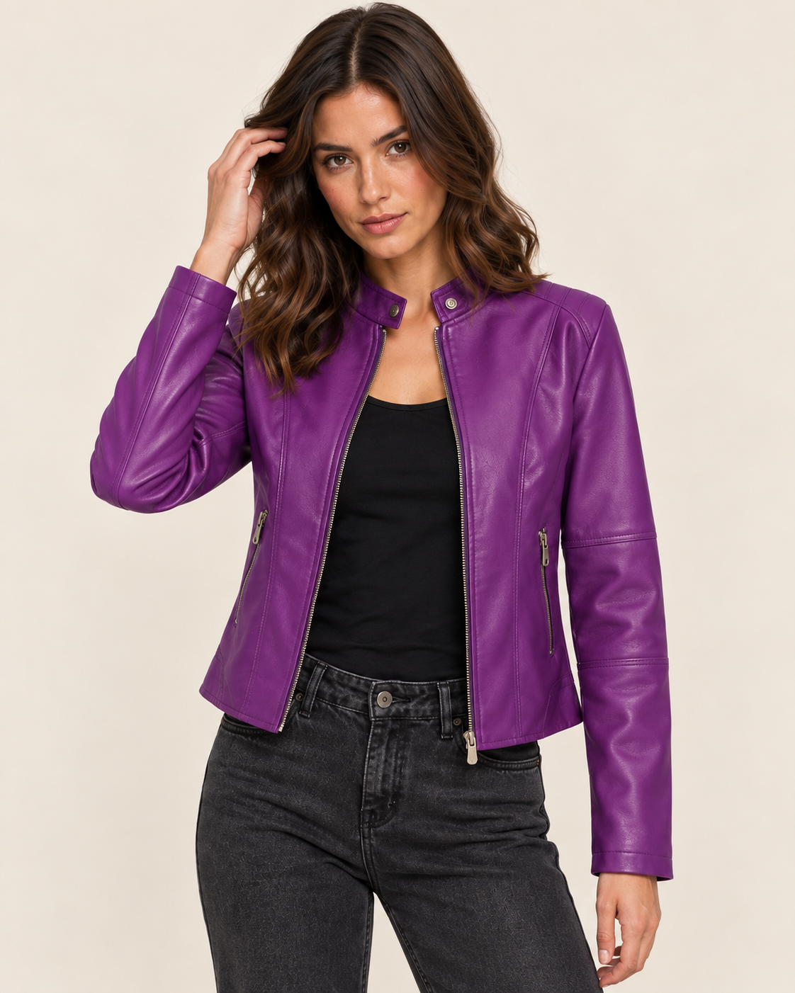 Women's Cropped Faux Leather Biker Jacket with Snap Collar in Lilac