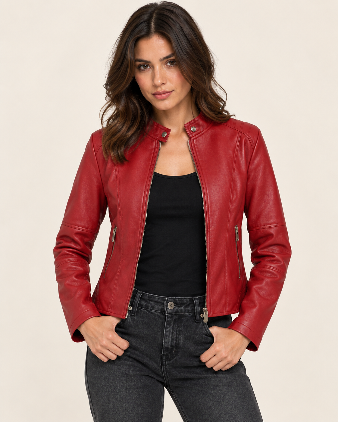 Women's Cropped Faux Leather Biker Jacket with Snap Collar in Red