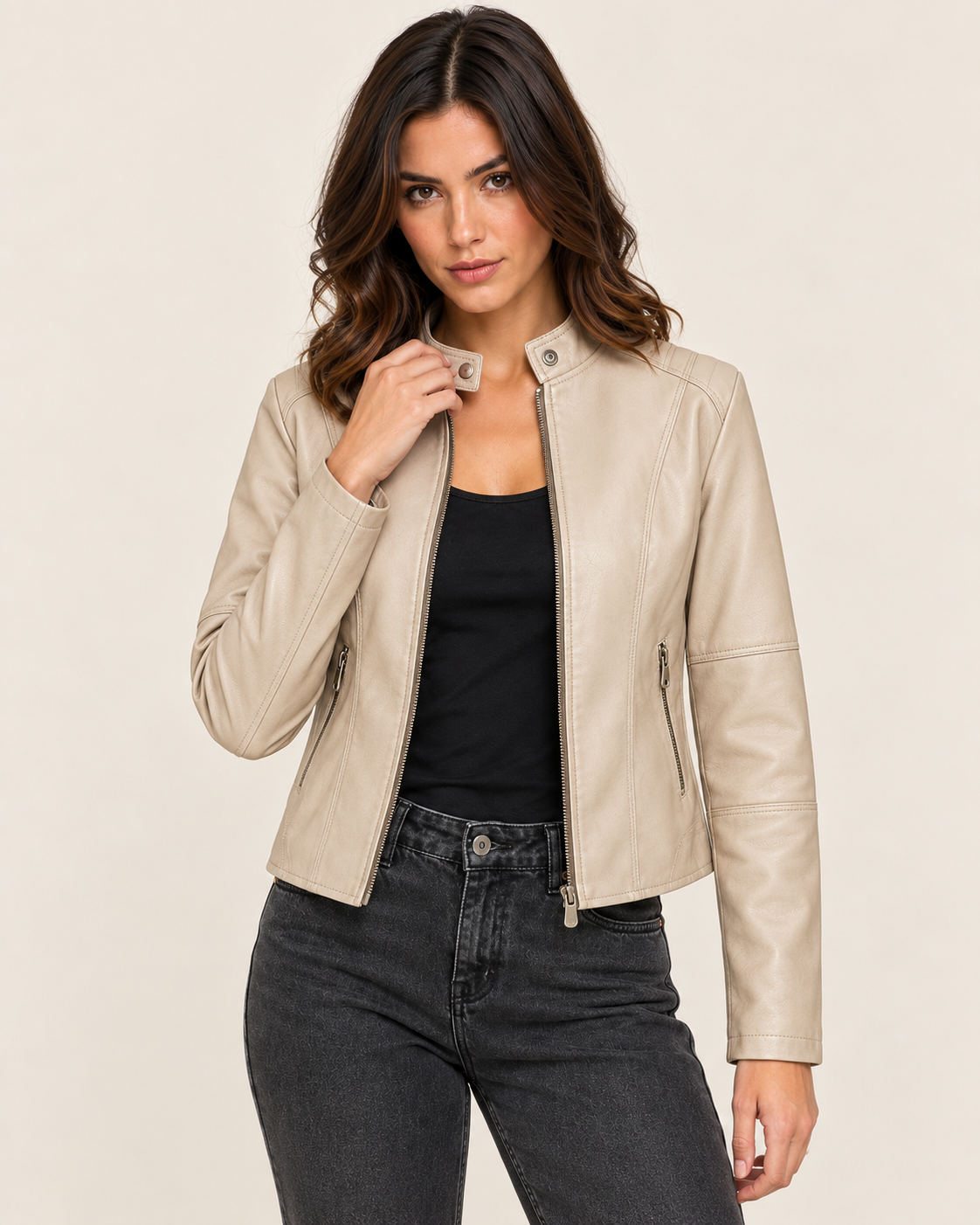 Women's Cropped Faux Leather Biker Jacket with Snap Collar in Beige