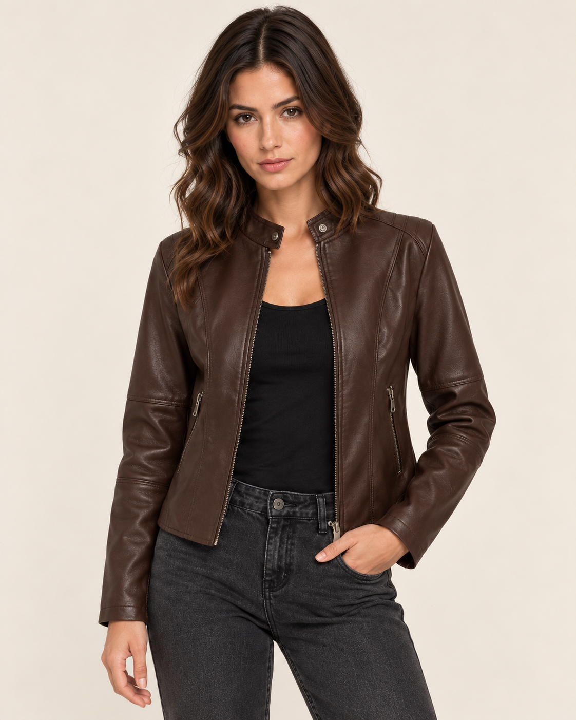 Women's Cropped Faux Leather Biker Jacket with Snap Collar in Dark Brown