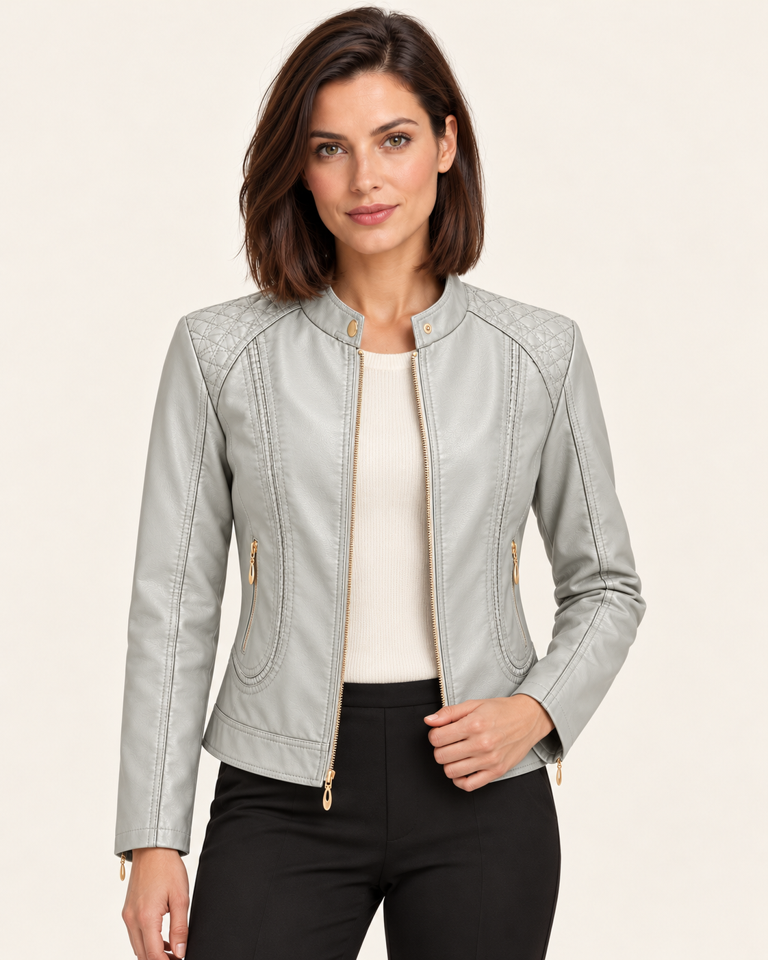 Women's Faux Leather Jacket With Quilted Shoulders in Light Grey