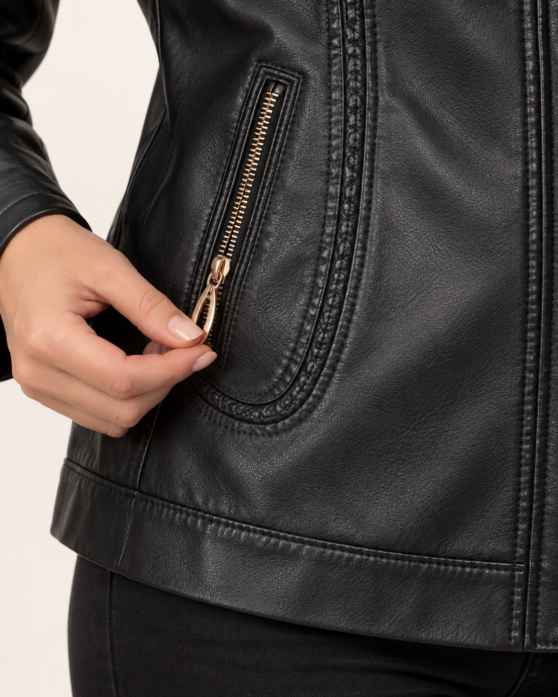 Women's Faux Leather Jacket With Quilted Shoulders in Black, view 2