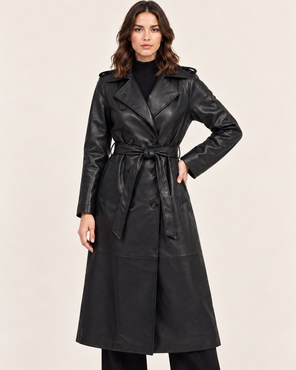 Women's Faux Leather Trench Coat with Belt and Double Breasted Front in Black