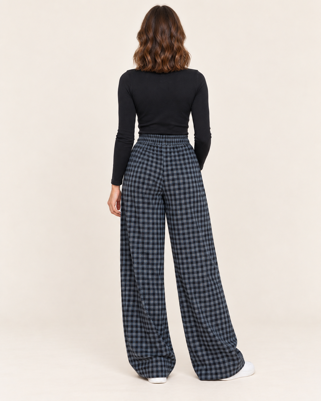 Women's Fleece-Lined Wide Leg Check Trousers