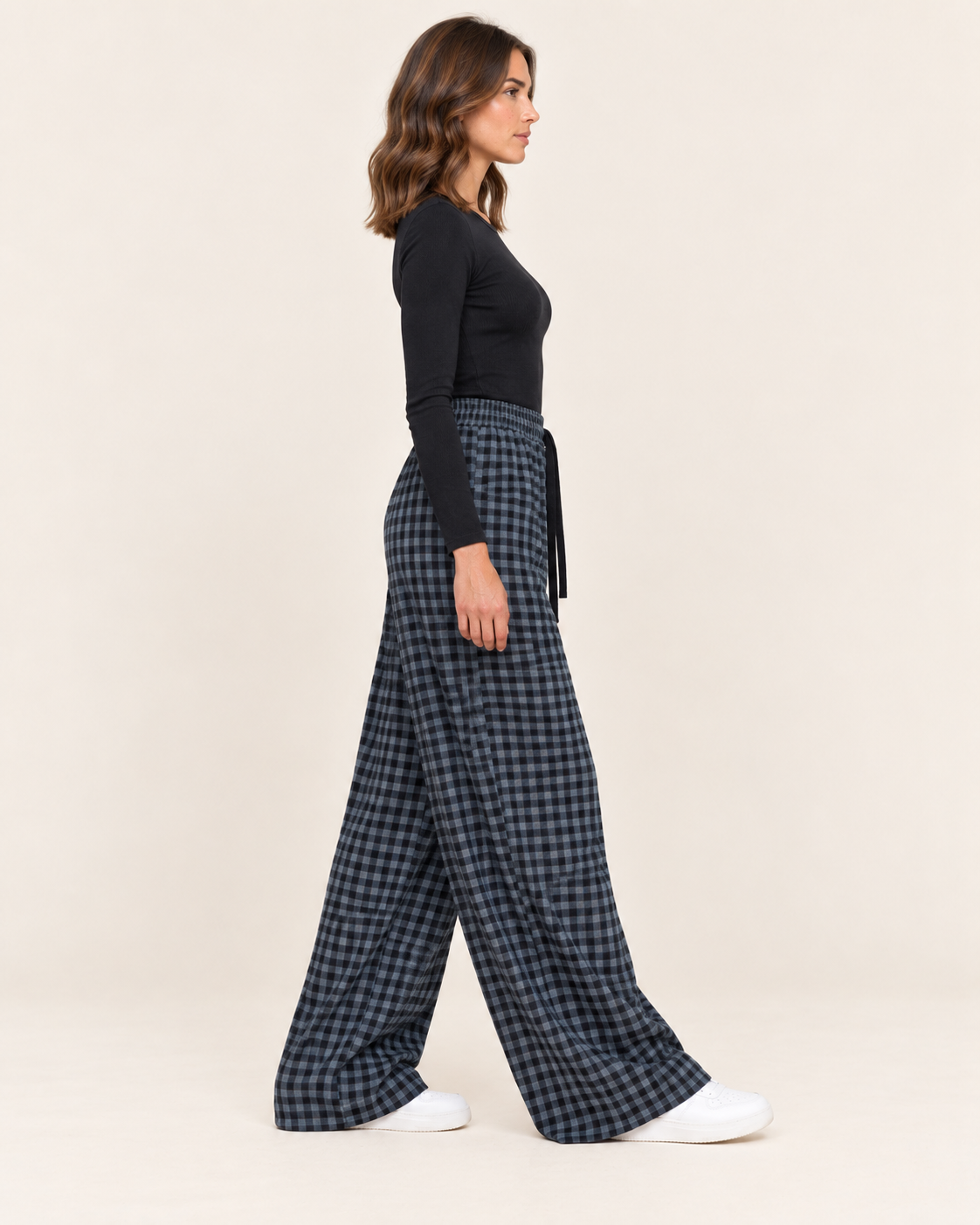 Women's Fleece-Lined Wide Leg Check Trousers