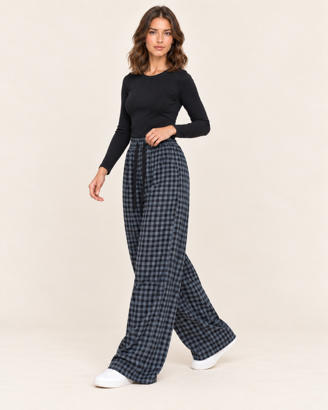 Women's Fleece-Lined Wide Leg Check Trousers