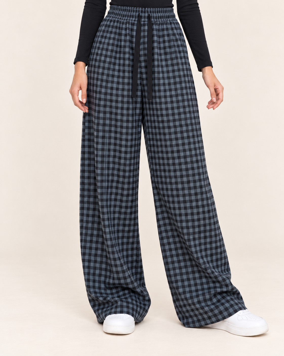 Women's Fleece-Lined Wide Leg Check Trousers in Navy Check