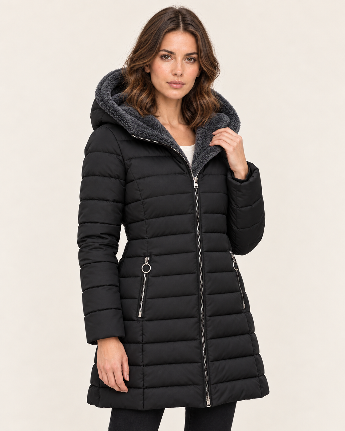 Women's Fleece Lined Hooded Puffer Coat with Zip Pockets in Black
