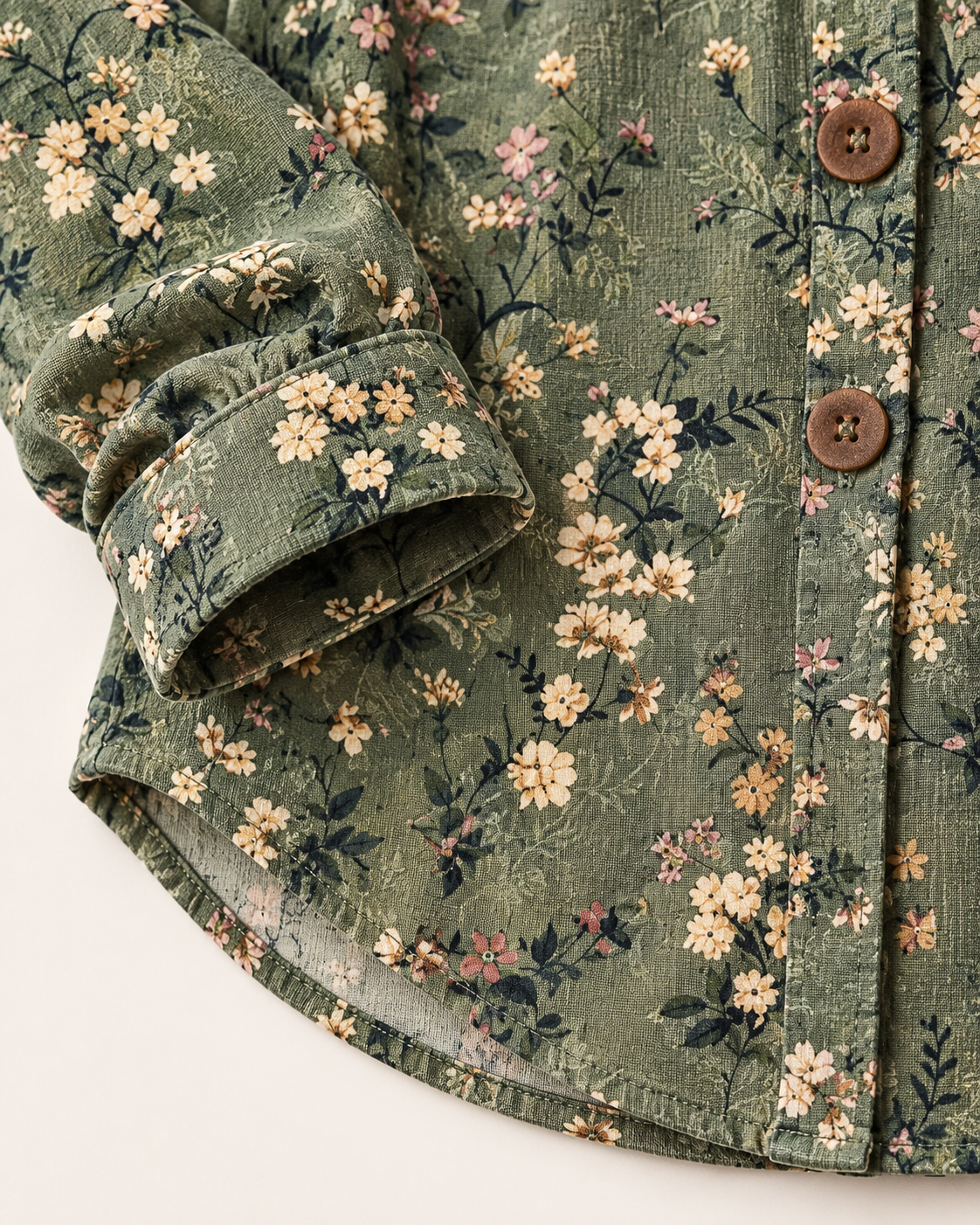 Women's Floral Hooded Cardigan in Khaki Floral, cuff detail