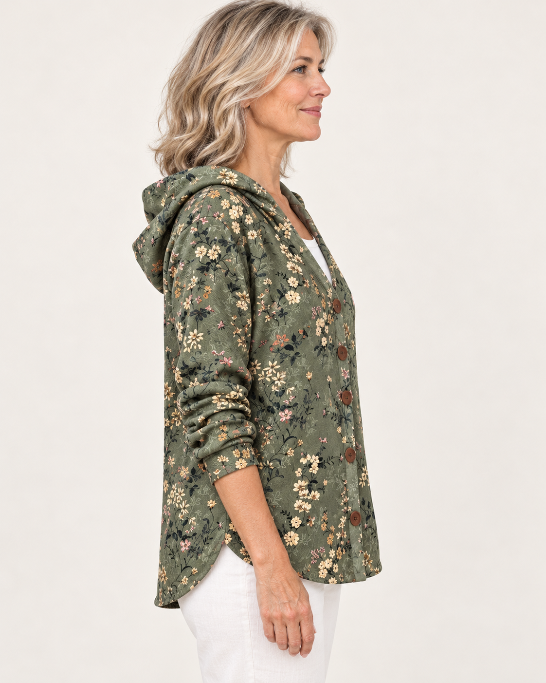 Women's Floral Hooded Cardigan in Khaki Floral, side view