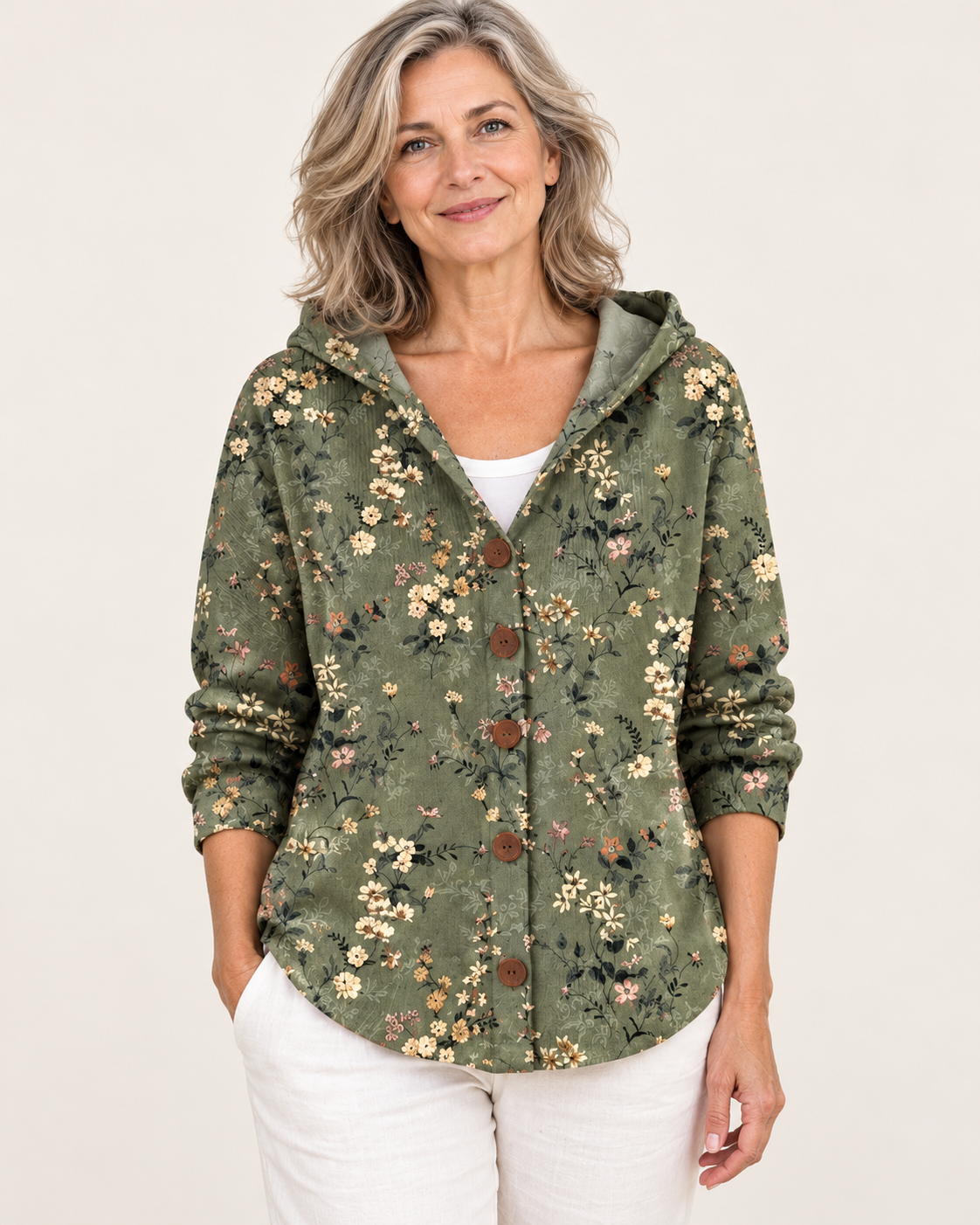 Women's Floral Hooded Cardigan in Khaki Floral