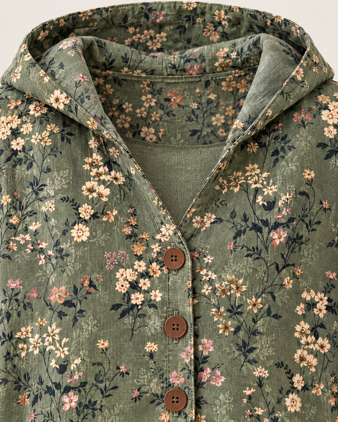 Women's Floral Hooded Cardigan in Khaki Floral, hood detail