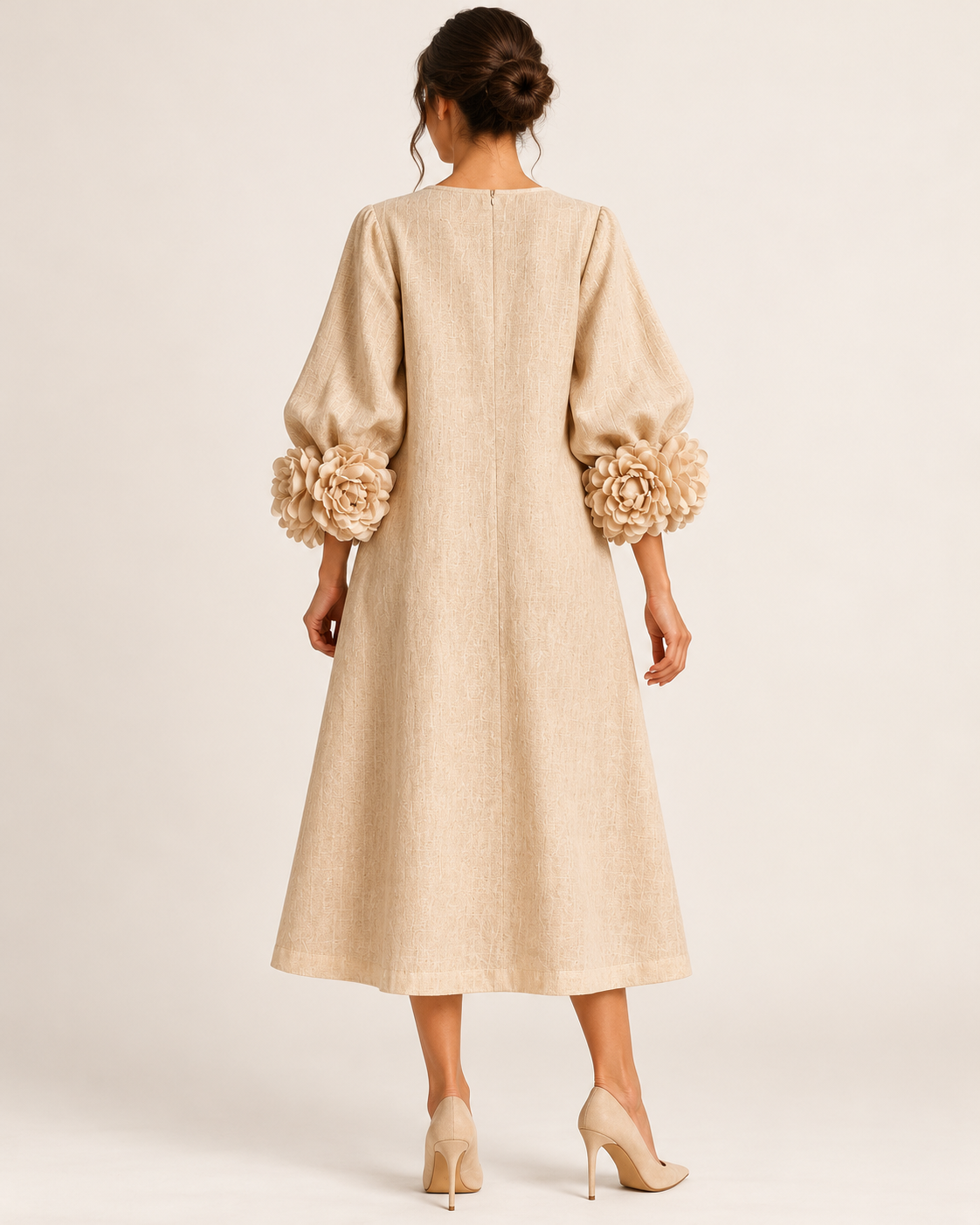 Women's Flower Cuff Long Sleeve Midi Dress in Beige, view 2