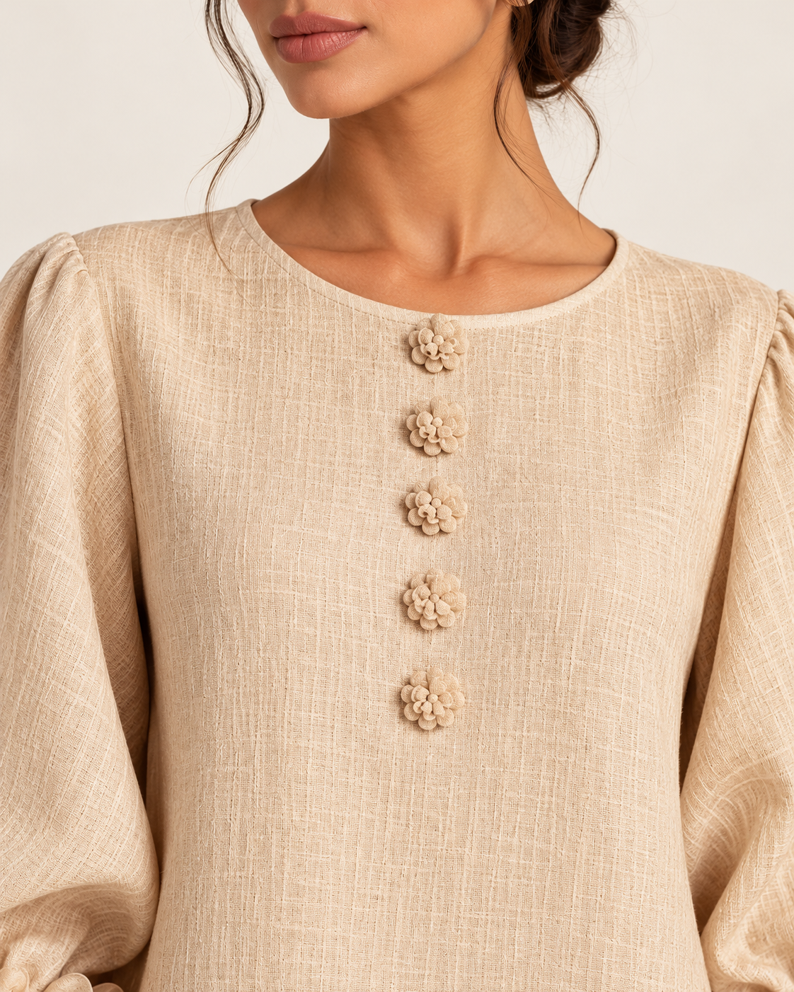 Women's Flower Cuff Long Sleeve Midi Dress in Beige, view 3