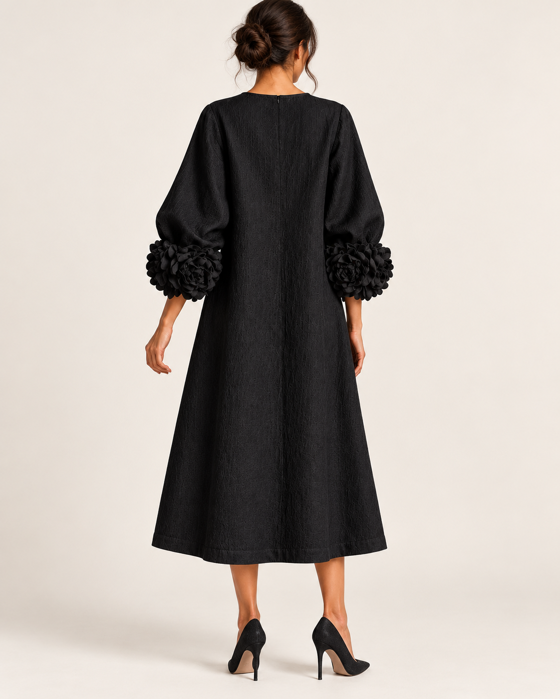 Women's Flower Cuff Long Sleeve Midi Dress in Black, view 2