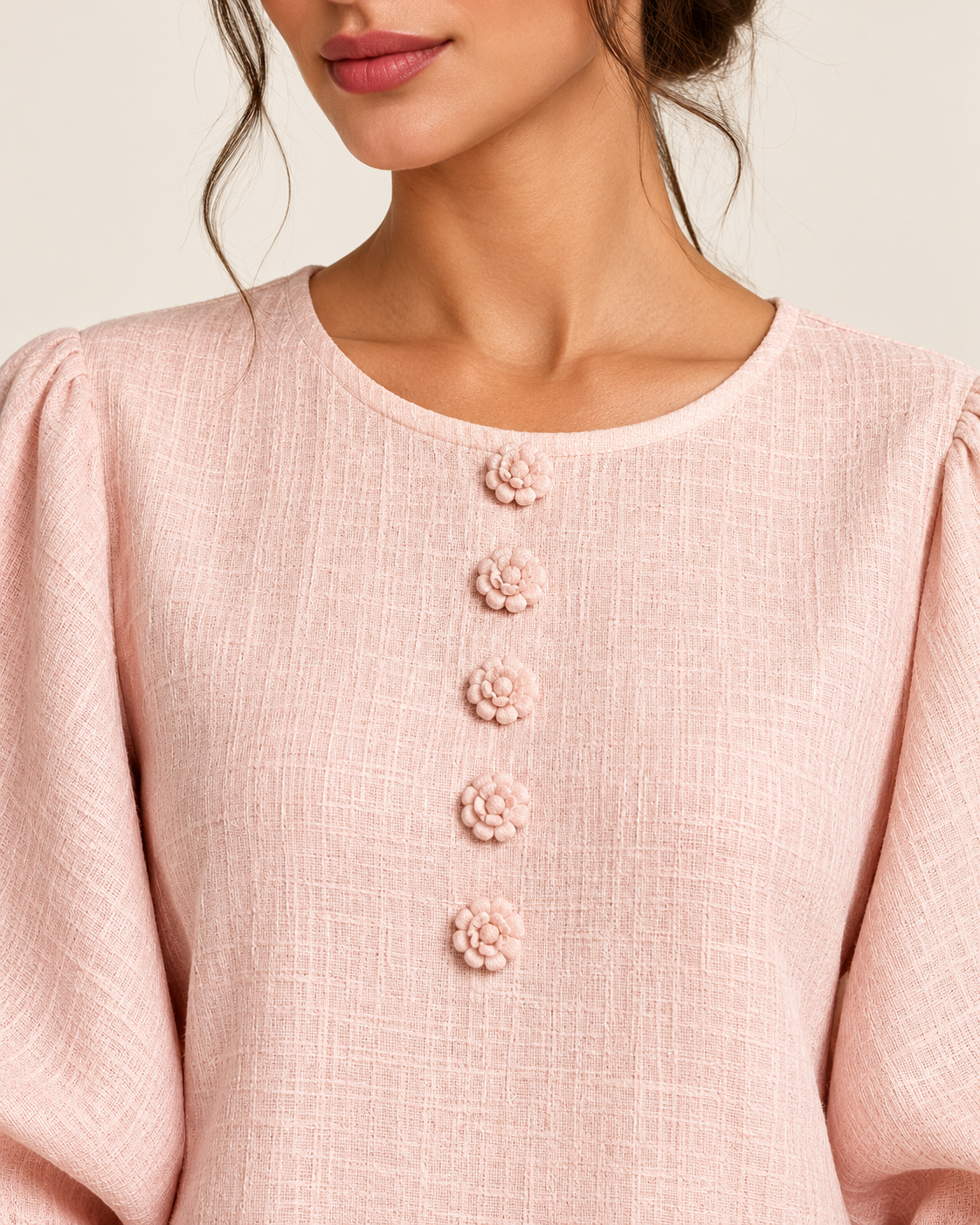 Women's Flower Cuff Long Sleeve Midi Dress in Pink, view 3