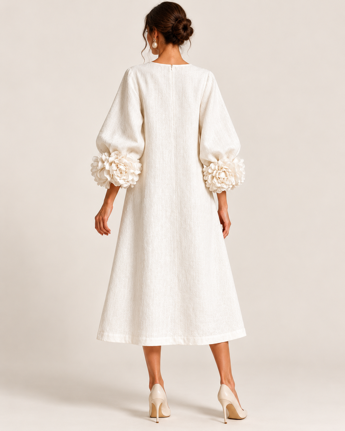 Women's Flower Cuff Long Sleeve Midi Dress in White, view 2