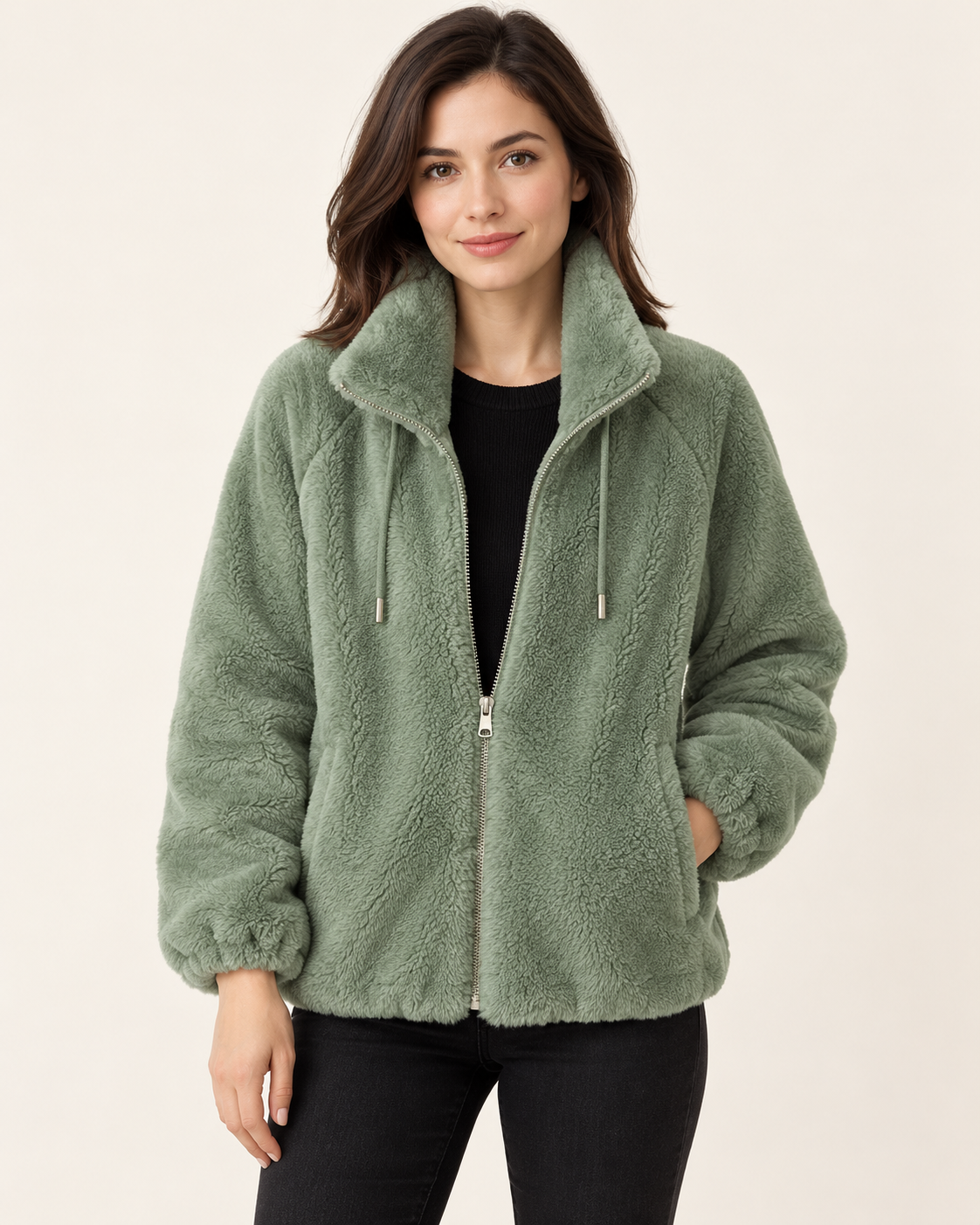 Women's Fluffy Fleece Zip Up Jacket in Sage Green