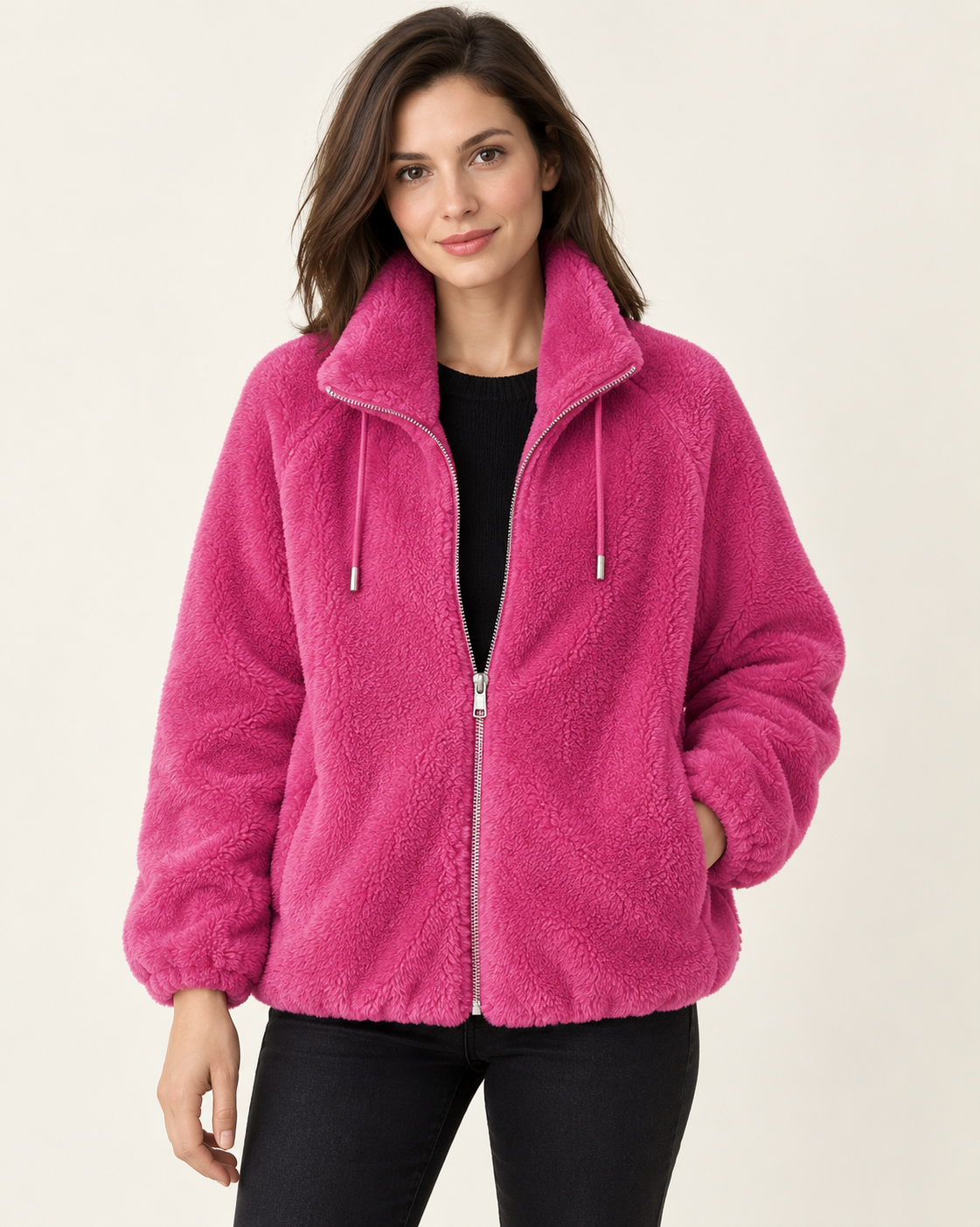 Women's Fluffy Fleece Zip Up Jacket in Pink