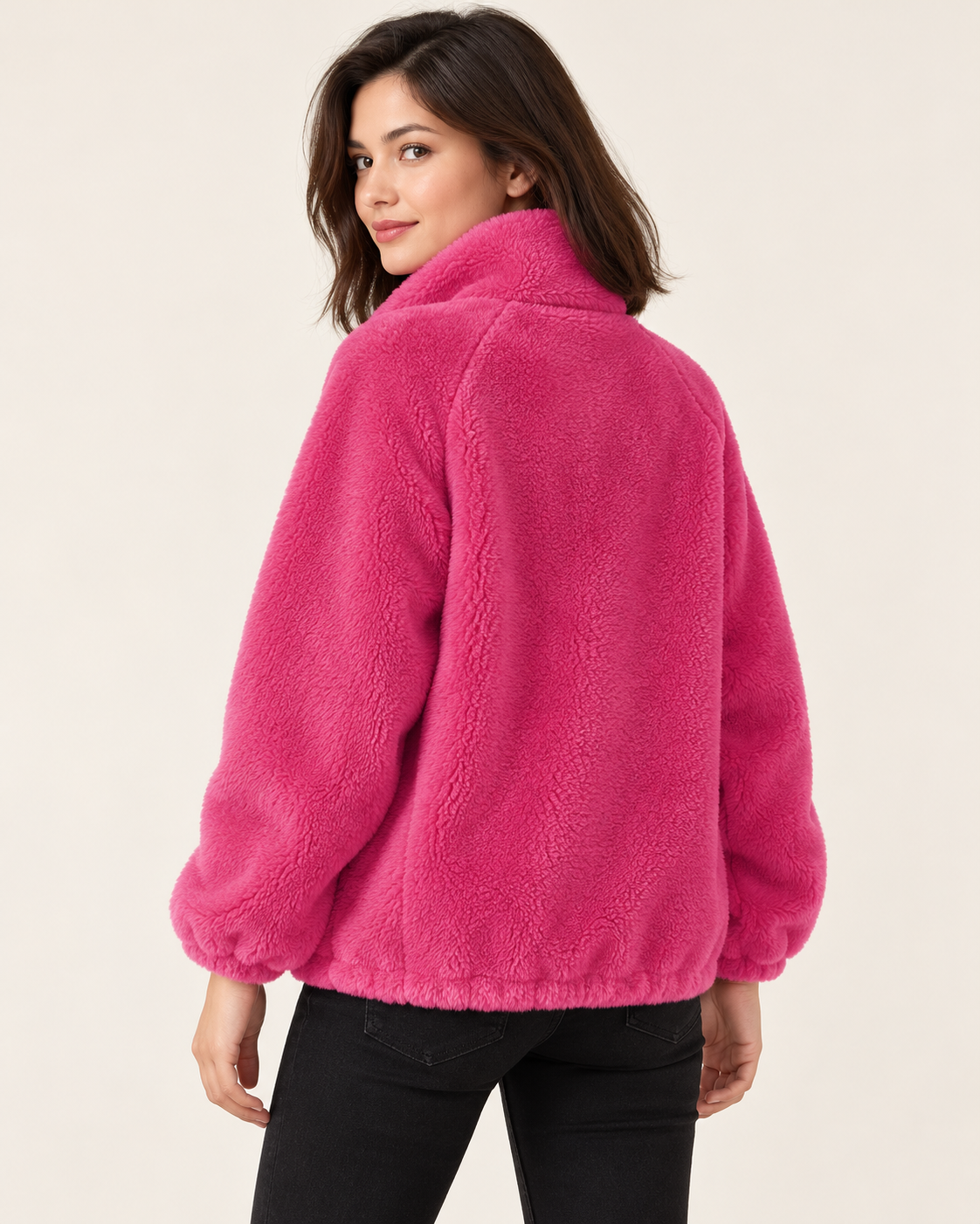 Women's Fluffy Fleece Zip Up Jacket in Pink, view 2