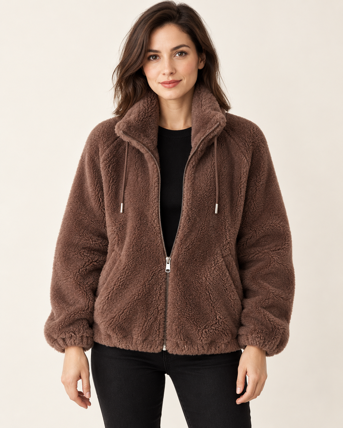 Women's Fluffy Fleece Zip Up Jacket in Brown