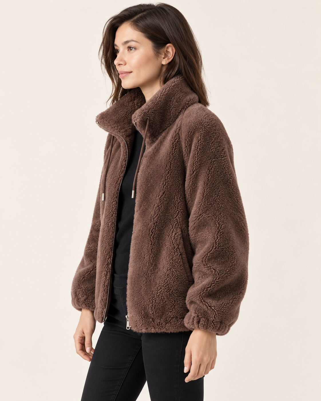 Women's Fluffy Fleece Zip Up Jacket in Brown, view 3