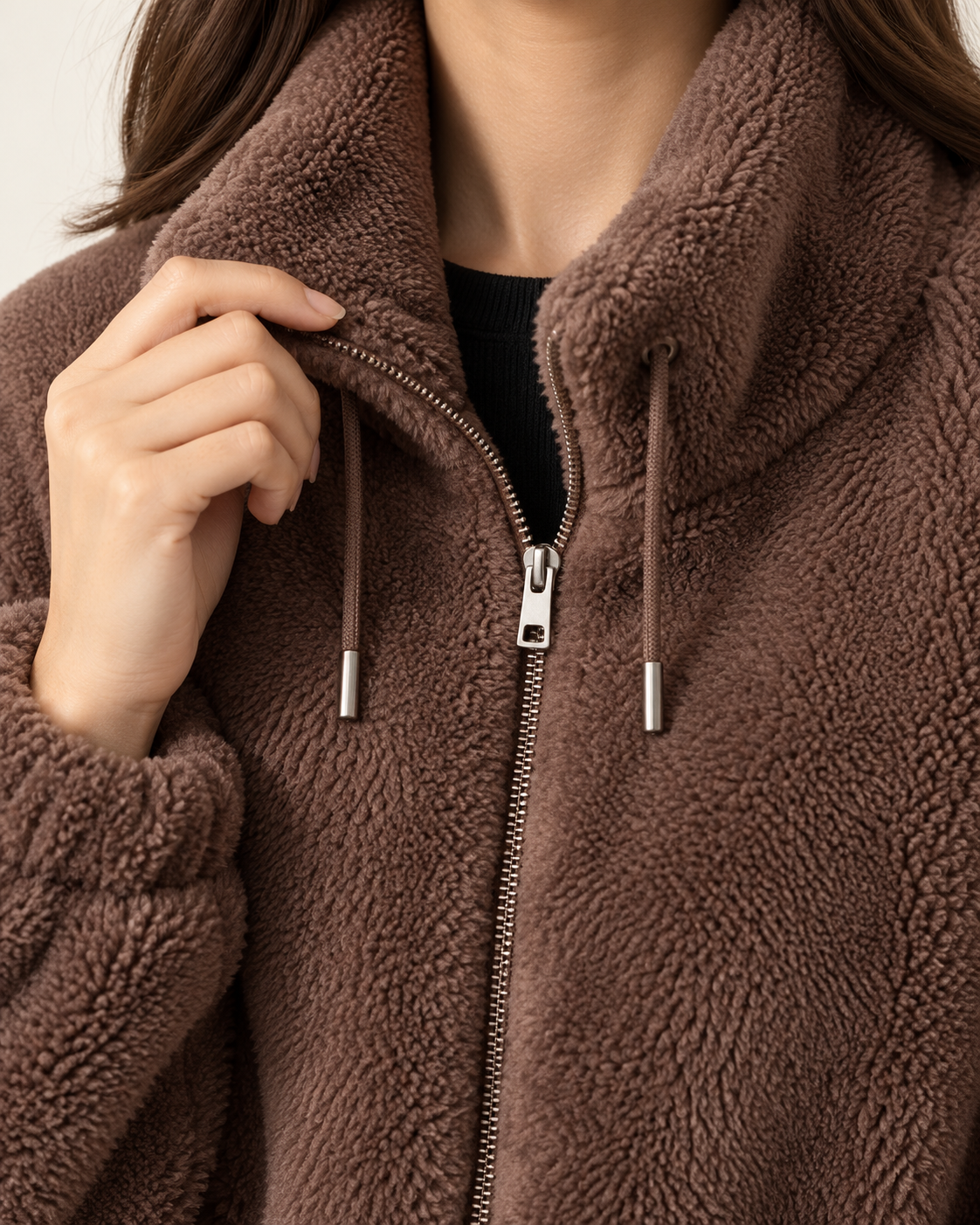 Women's Fluffy Fleece Zip Up Jacket in Brown, view 2