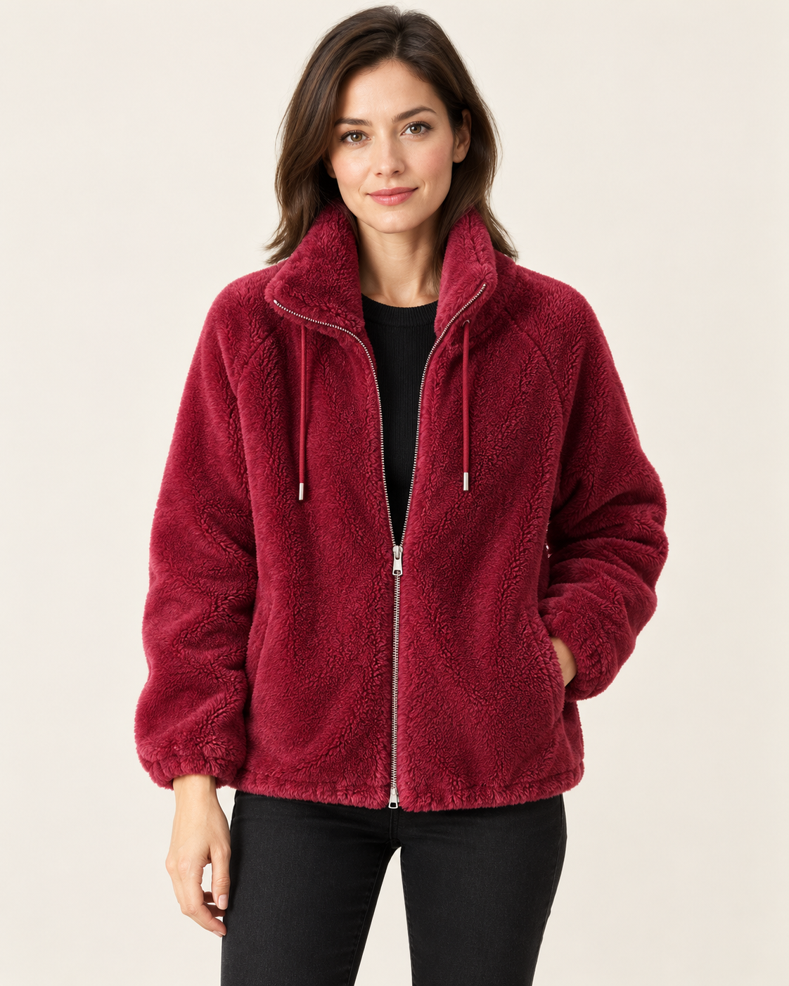 Women's Fluffy Fleece Zip Up Jacket in Red