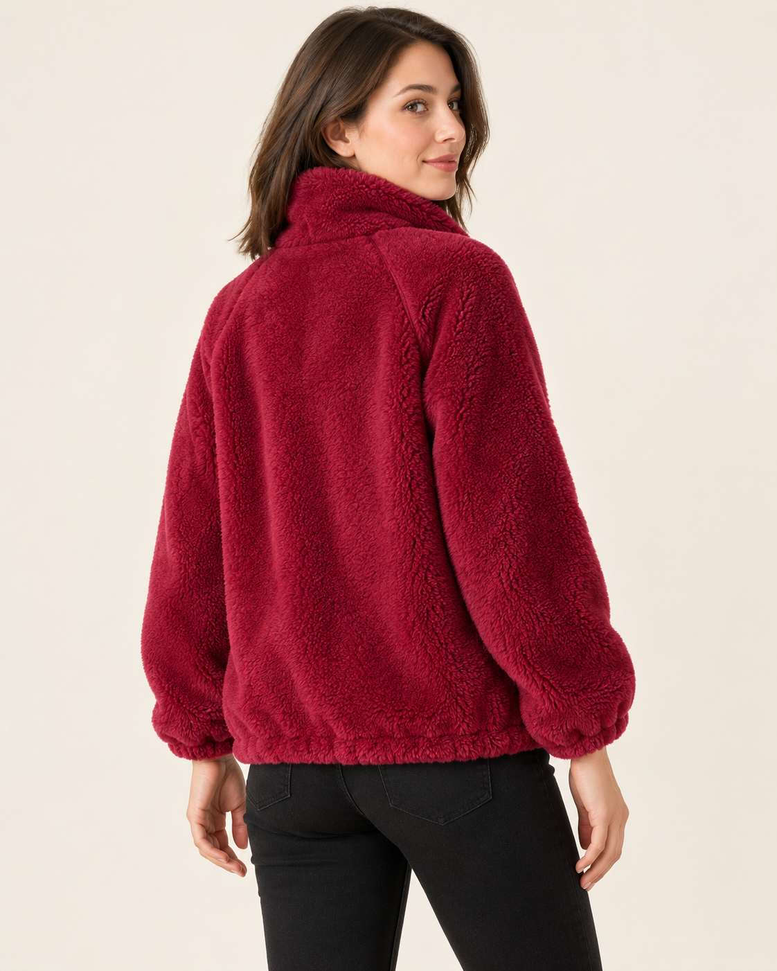 Women's Fluffy Fleece Zip Up Jacket in Red, view 3