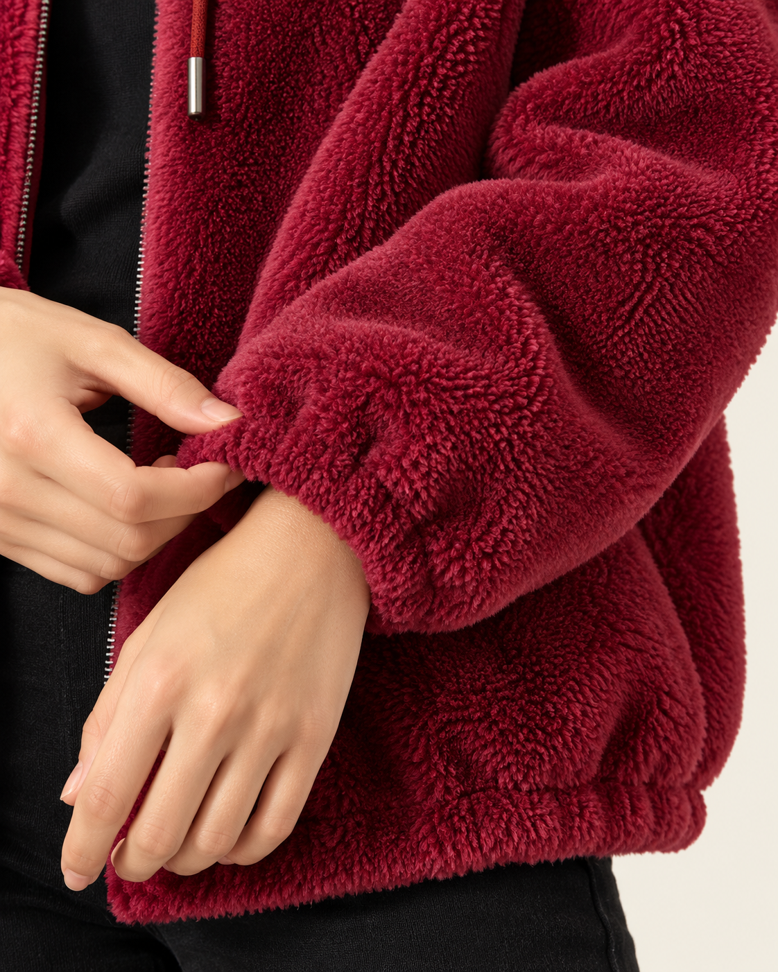 Women's Fluffy Fleece Zip Up Jacket in Red, view 2
