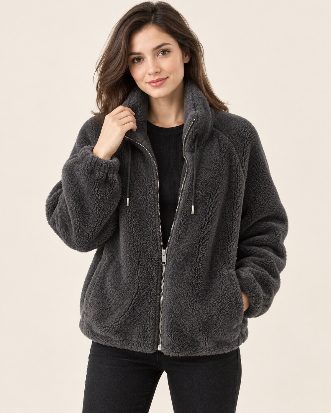 Women's Fluffy Fleece Zip Up Jacket in Charcoal