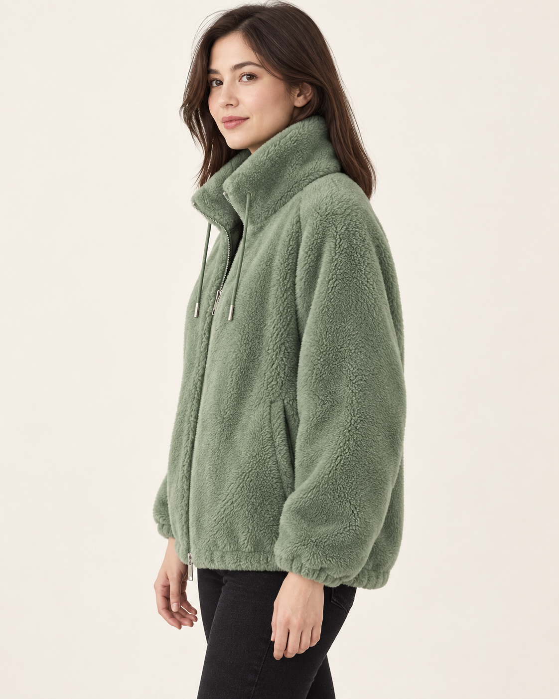 Women's Fluffy Fleece Zip Up Jacket in Sage Green, view 3