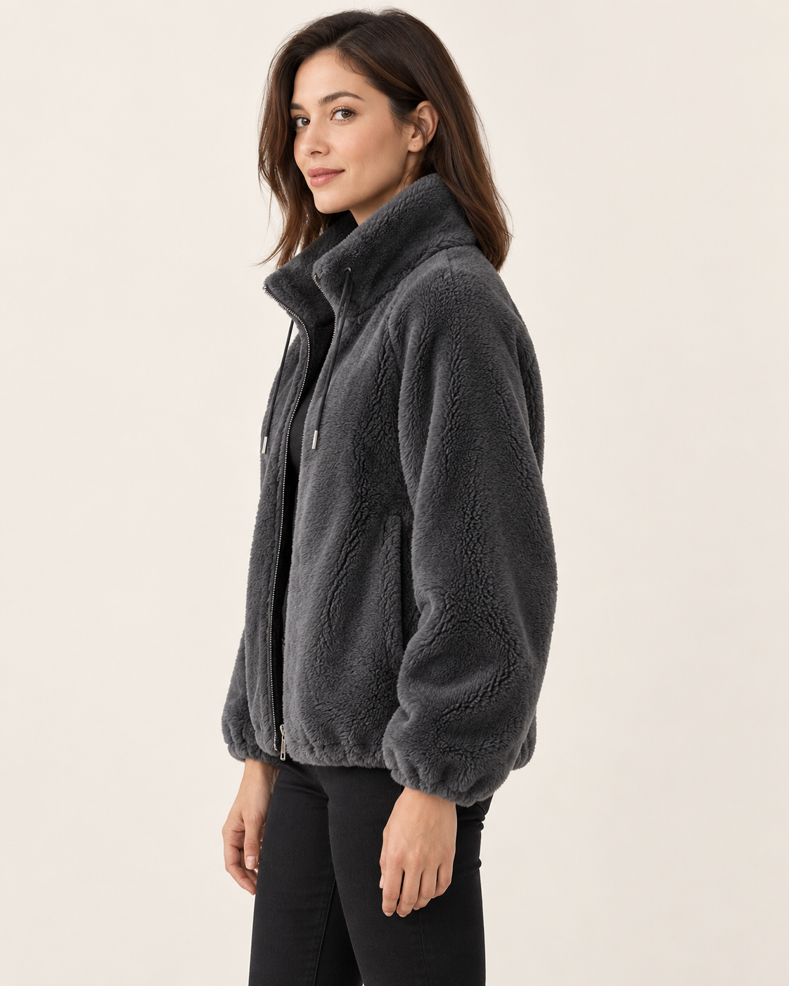 Women's Fluffy Fleece Zip Up Jacket in Charcoal, view 3