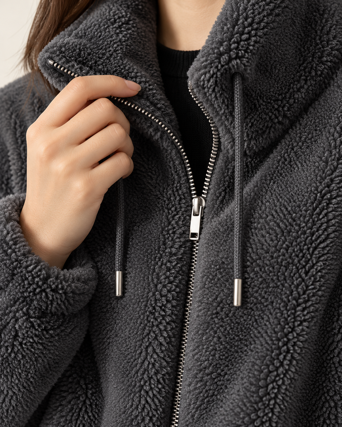 Women's Fluffy Fleece Zip Up Jacket in Charcoal, view 2