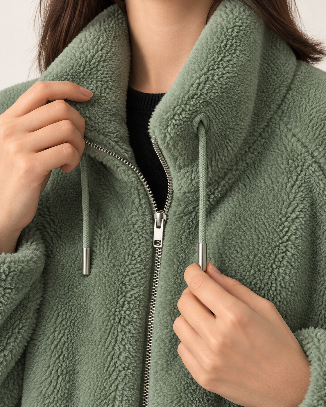 Women's Fluffy Fleece Zip Up Jacket in Sage Green, view 2