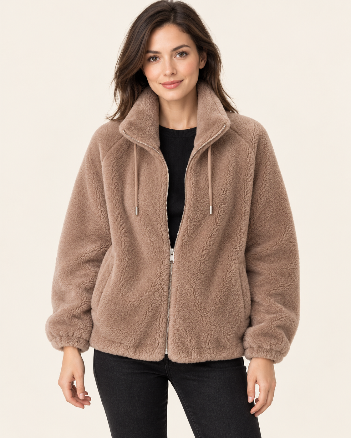 Women's Fluffy Fleece Zip Up Jacket in Camel