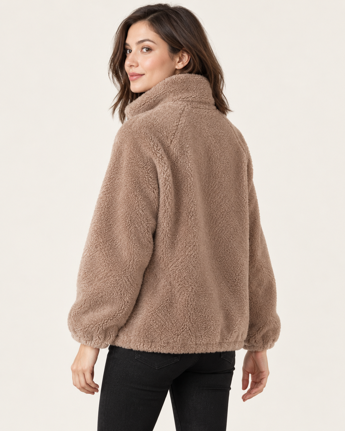 Women's Fluffy Fleece Zip Up Jacket in Camel, view 3