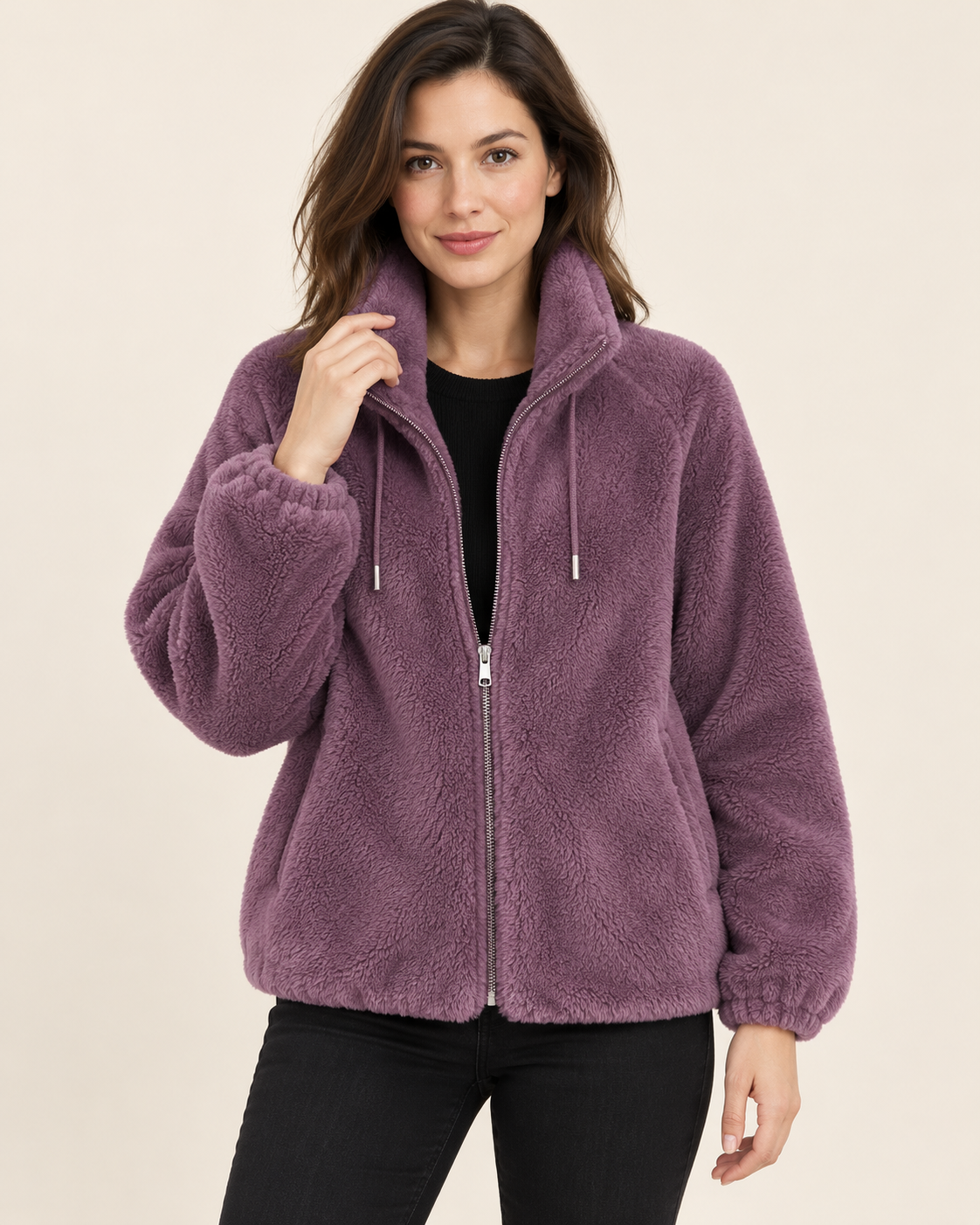 Women's Fluffy Fleece Zip Up Jacket in Purple